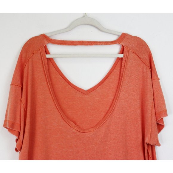 NWT Free People All Mine V Neck Cut Out Raw Cut Tee Apricot Orange Pink Large - Picture 7 of 8